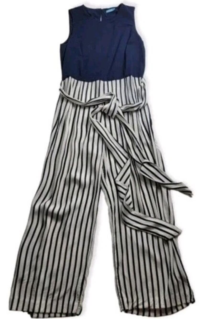 J McLaughlin Toni Striped Wide Leg Jumpsuit Navy Medium EUC